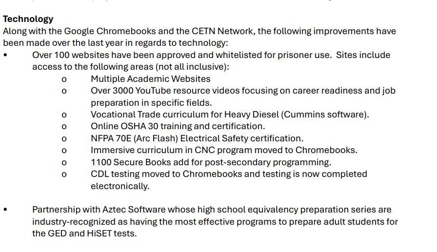 Screen shot from MDOC report describing increased technology access.