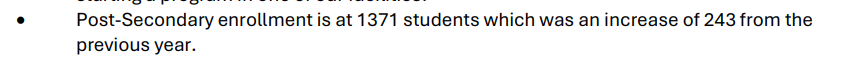 "Post Secondary Enrollment is at 1371 students which was an increase of 243 from the previous year."